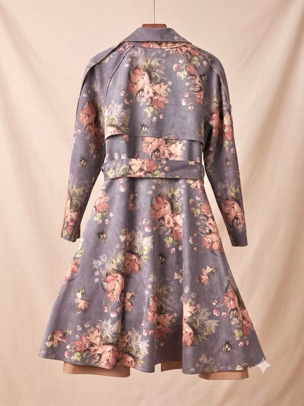 yi.ran Floral Tencel Faux Suede Trench Coat Double Breasted Midi Belted Jacket L - Picture 2 of 15